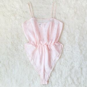 VTG La Vie En Rose Delicate Pink Satin Teddy Strappy Bodysuit MEDIUM Romantic